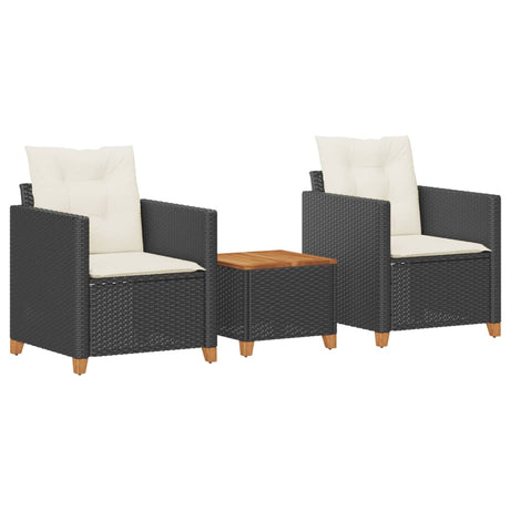 Vidaxl 3-delige bistroset met kussens poly rattan en acaciahout zwart