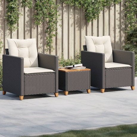Vidaxl 3-delige bistroset met kussens poly rattan en acaciahout zwart