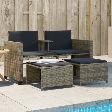 Vidaxl tuinbank 2-zits met tafel en voetenbanken poly rattan grijs