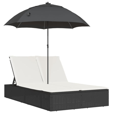 Vidaxl ligbed 2-persoons met kussens en parasol poly rattan zwart