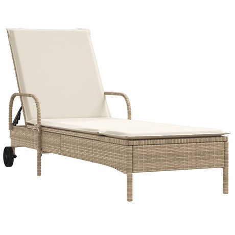 Vidaxl ligbed met wielen en kussen poly rattan beige