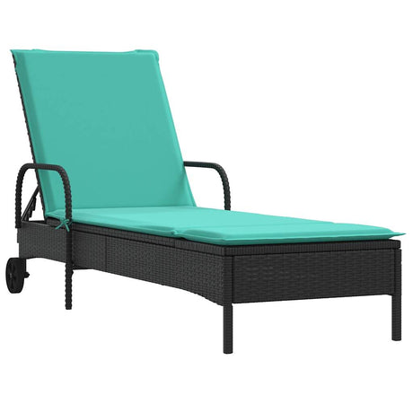 Vidaxl ligstoel met wielen en kussen, zwart polyrotan