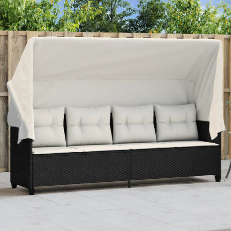 Vidaxl ligbed met luifel en kussens poly rattan zwart