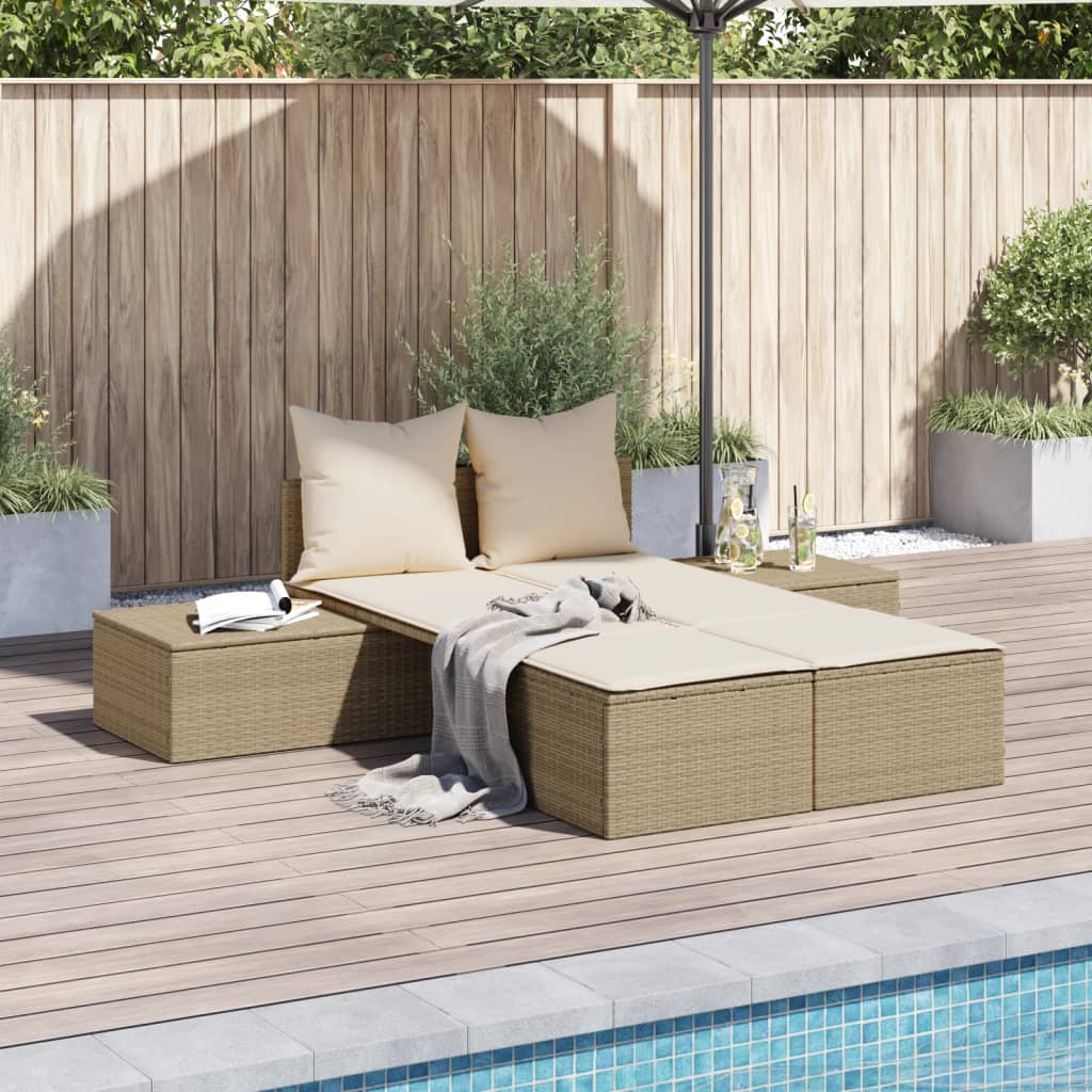Vidaxl ligbed 2-persoons met kussens poly rattan beige
