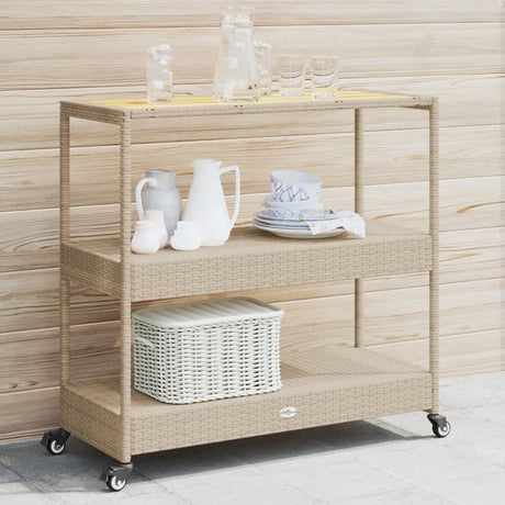 Vidaxl keukentrolley 3-laags poly rattan en massief acaciahout beige