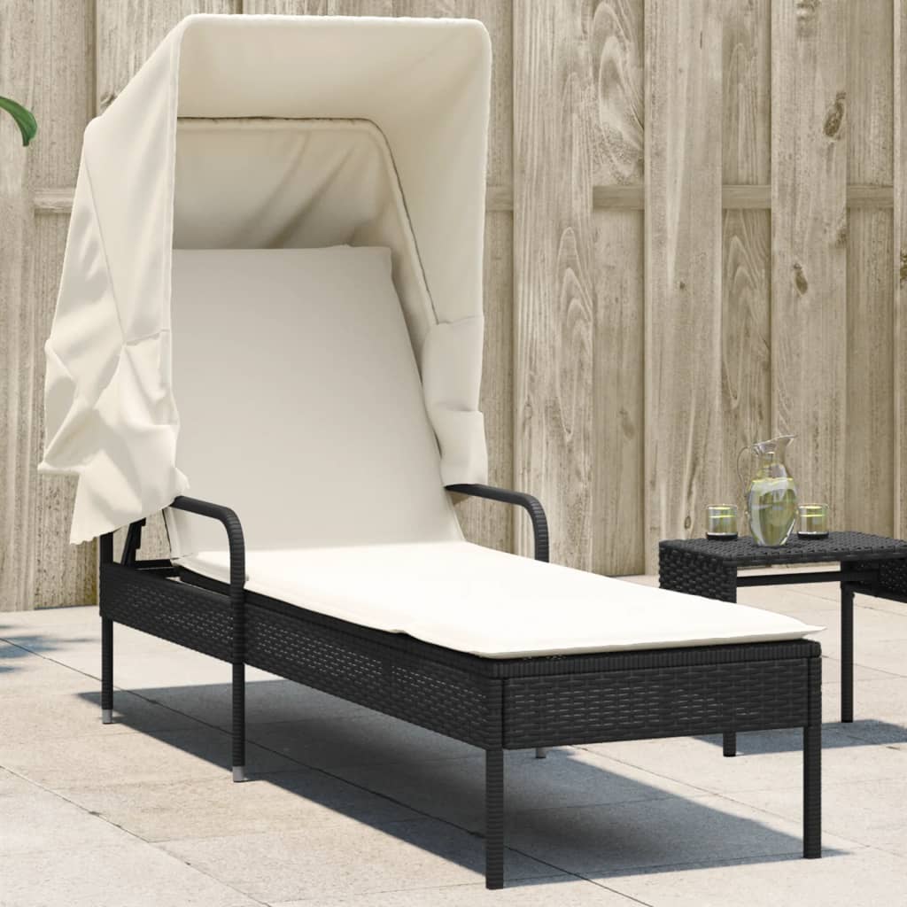 Vidaxl ligbed met luifel poly rattan zwart