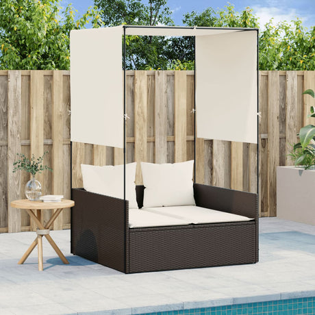 Vidaxl ligbed tweepersoons met dak en gordijn poly rattan bruin