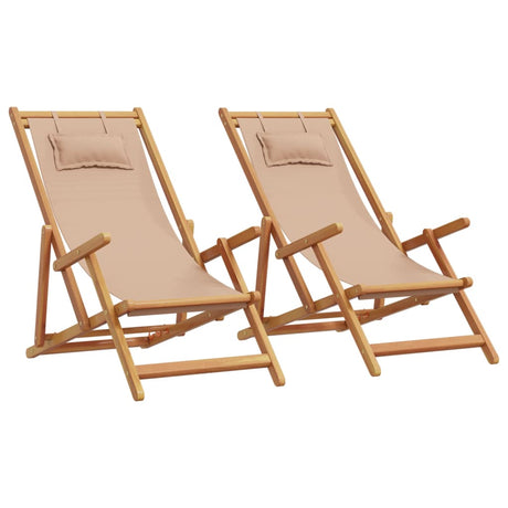 Vidaxl opklapbare stoelen, 2 stuks, taupekleurige stof en massief hout.