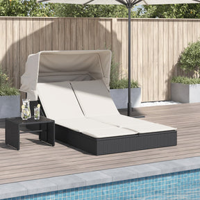Vidaxl ligbed 2-persoons met luifel en kussens poly rattan zwart