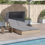 Vidaxl ligbed 2-persoons met luifel en kussens poly rattan beige