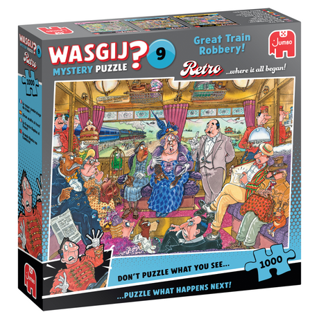 Puzzle Wasgij retro tajemnica 9 - większy napad na pociąg, 1000 elementów.