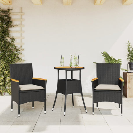 Vidaxl 3-delige tuinset met kussens poly rattan en acaciahout zwart