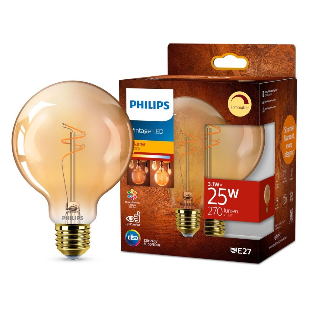 Przyciemniana kula LED Philips G95 E27 60W, szklana bursztynowa