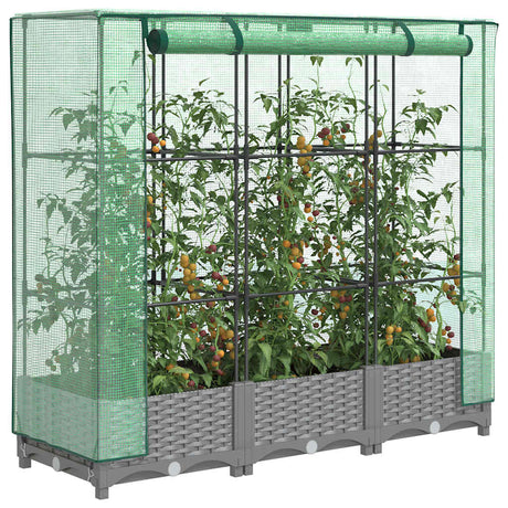 Sadzarka Vidaxx podniesiona z osłoną szklarni o wymiarach 120x40x123 cm imitującą rattan