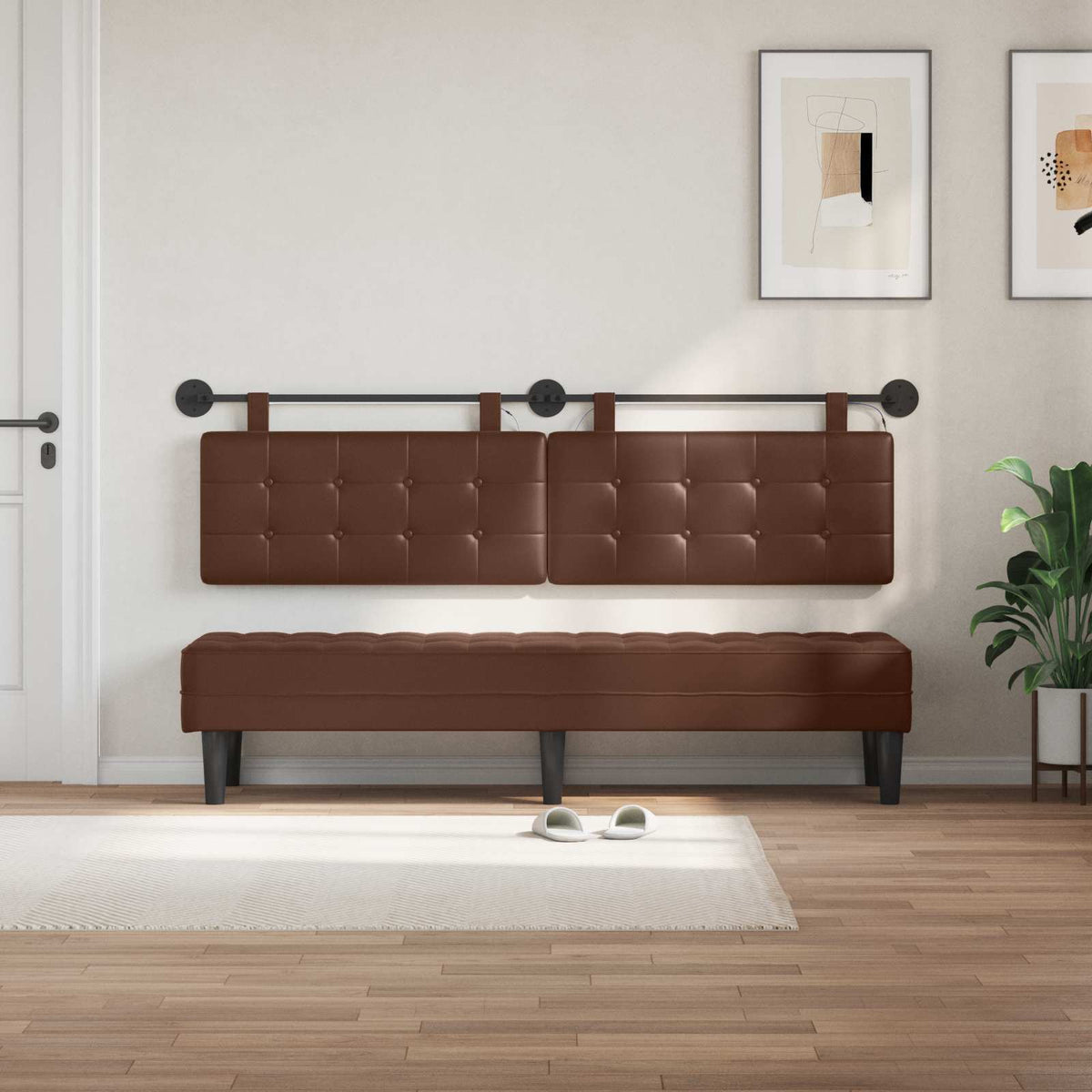 Vidaxl hangend hoofdbord met led-verlichting bruin kunstleer