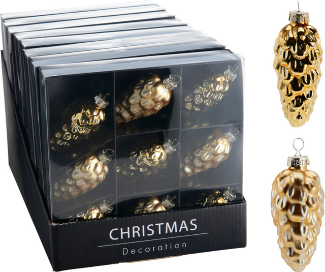 Kerstbal glas dennenappel 9cm 9 stuks - goud