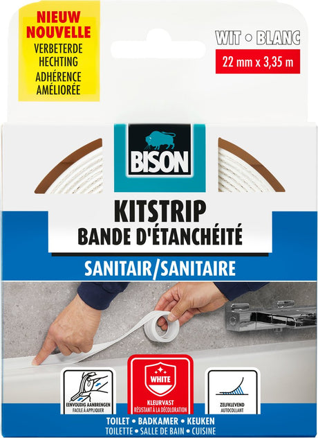 Taśma uszczelniająca Bison sanitarna biała 22 mm x 3,35 m, samoprzylepna, listwa uszczelniająca, wodoodporna, do wszystkich rodzajów fug, brodzików, blatów, zlewów, podłóg i płytek