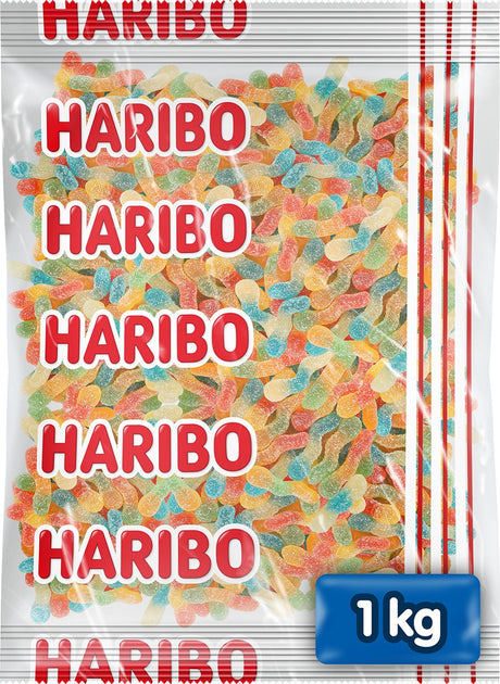 Tęczowe robaki Haribo - kwaśne cukierki o smakach owocowych - worek 1kg