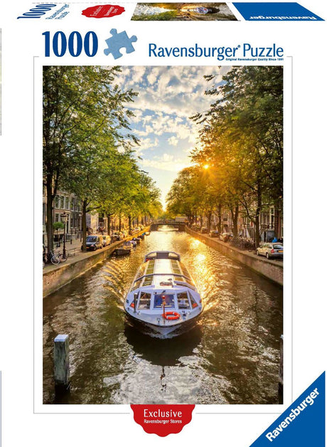 Puzzle Ravensburger Łódź po kanałach Amsterdamu Puzzle składające się z 1000 elementów.