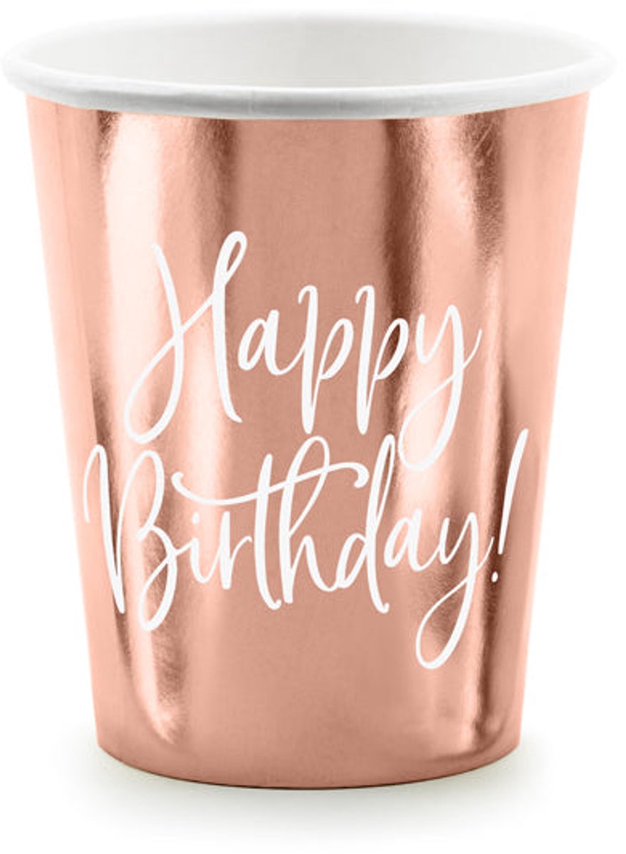 Partydeco 6 happy birthday mokken rosé goud 260ml