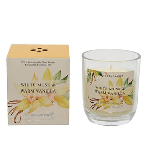Decoris świeca zapachowa w szkle białe piżmo i ciepła wanilia 20% wosku z masła shea średnica 7,8x9cm 20 godzin palenia