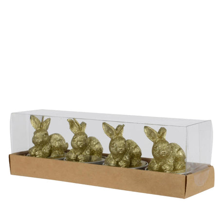 Decoris zestaw 4 świeczników parafinowych w kształcie króliczka o średnicy 3,8 cm x wys. 6 cm, w kolorze złotym