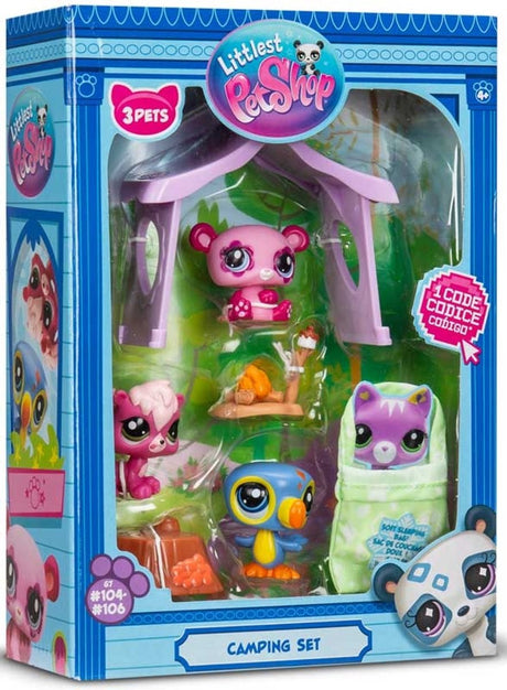 Bandai Littlest Pet Shop - zestaw kempingowy, 3 zwierzęta i akcesoria - Littlest Pet Shop lps panda tukan wiewiórka - mini uroczy zestaw figurek zwierzątek - zabawki dla dzieci w wieku od 4 lat i starszych - bf00574