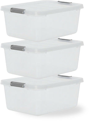 Iris storage opbergbox met clips - 12.5l - stapelbaar - kunststof - transparant grijs - set van 3