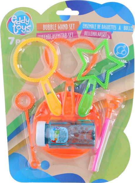 Zestaw do dmuchania baniek Eddy Toys 7-częściowy - zawiera 50 ml płynu do dmuchania baniek - różne kształty patyczków do baniek - idealny do zabaw na świeżym powietrzu i przyjęć dla dzieci - wielokolorowy