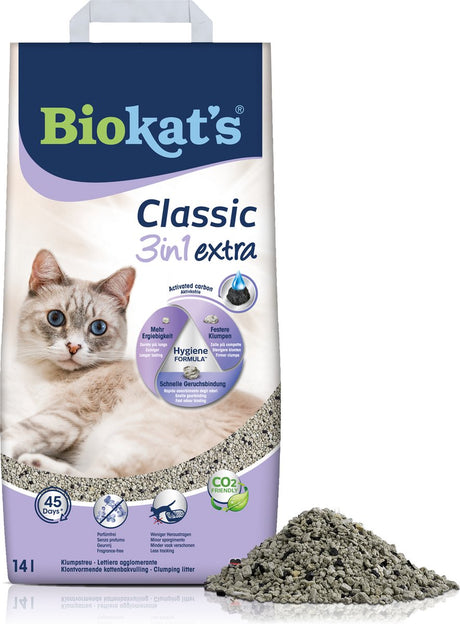 Biokat's Classic 3w1 extra - 14 l - żwirek dla kota - zbrylający się - bezzapachowy - węgiel aktywny