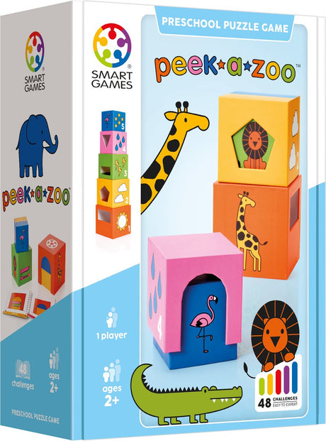 Smartgames peek-a-zoo - edukacyjna gra polegająca na układaniu klocków - 48 zadań z puzzlami przestrzennymi - gra solo dla małych dzieci - od 2 lat