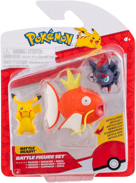 Jazwares pokémon - 3-pak figurek bojowych pikachu, zorua, magikarp ze stojakiem
