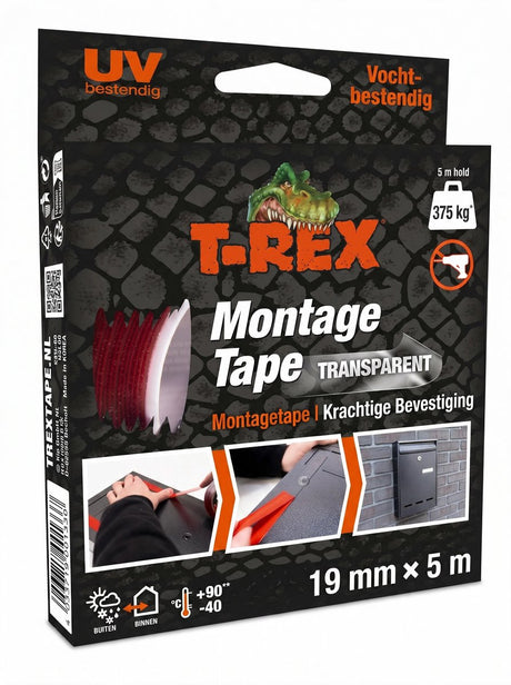 Taśma montażowa T-rex - wyjątkowo mocna taśma dwustronna do montażu wewnątrz i na zewnątrz - trwałe mocowanie bez wiercenia i wkręcania - nośność do 375 kg - 19 mm x 5 m