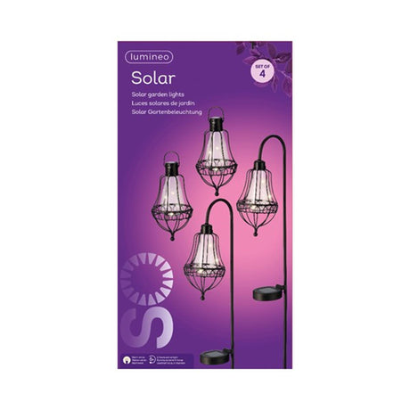 Zestaw latarni słonecznych LED Lumineo d11,5-szer.14,5-wys. 84cm 2 latarnie wtykowe i 2 latarnie wiszące metalowa czarna wys. 19,5 cm