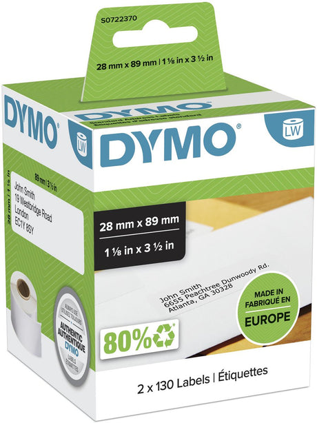 Oryginalne etykiety adresowe firmy Dymo | 28 mm x 89 mm | 2 rolki po 130 etykiet każda (260 etykiet samoprzylepnych) | nadaje się do drukarek etykiet | wyprodukowano w Europie