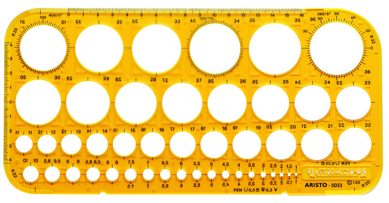 Szablon koła Aristo - wymiary 260x130mm - średnica od 1 do 36mm - 45 kółek - pomarańczowy przezroczysty - ar-5033