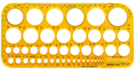Szablon koła Aristo - wymiary 260x130mm - średnica od 1 do 36mm - 45 kółek - pomarańczowy przezroczysty - ar-5033