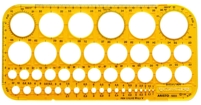 Szablon koła Aristo - wymiary 260x130mm - średnica od 1 do 36mm - 45 kółek - pomarańczowy przezroczysty - ar-5033