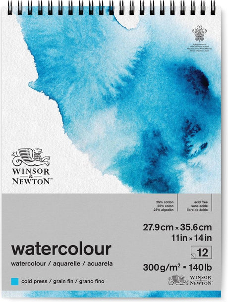 Winsor Newton 6662583 blok akwarelowy blok spiralny – 300g m², 12 arkuszy, tłoczony na zimno, płetwa ziarnista - papier akwarelowy 27,9 x 35,6cm