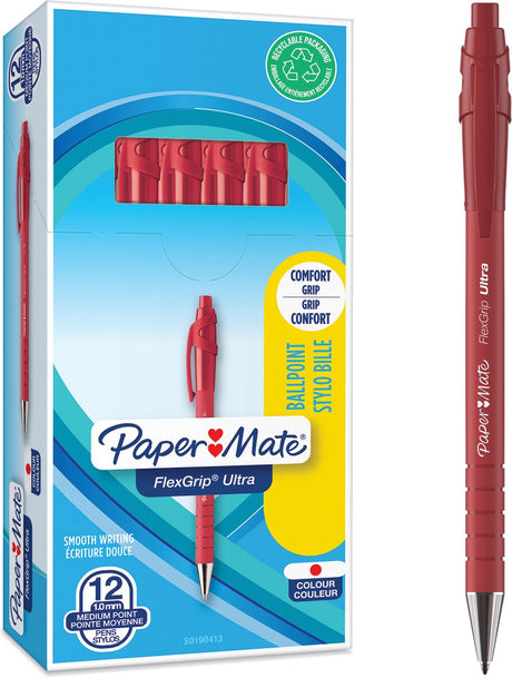 Ultra długopis z elastycznym uchwytem i przyciskiem Paper Mate | punkt średni (1,0 mm) | czerwony | 12 sztuk