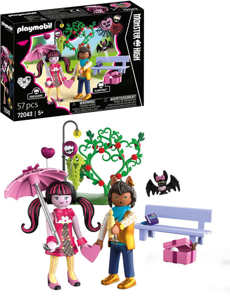 Playmobil Monster High walentynkowa randka | draculaura i pazur z ławką parkową i akcesoriami | zabawki dziecięce dla dzieci od 5 lat | 72043