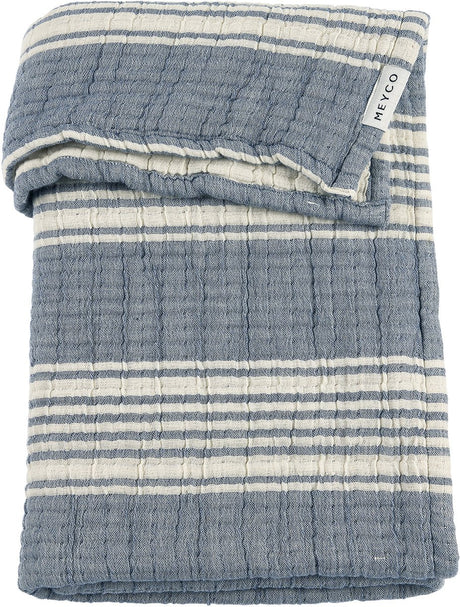 Kocyk żakardowy do łóżeczka Meyco w paski - wstępnie wyprany, hydrofilowy - indygo - 100x150cm - 1,5 tog