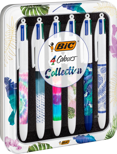 Długopisy Bic 4 kolorowe - dekory botaniczne i tie-dye - pudełko upominkowe z 6 długopisami - średni grot 1 mm