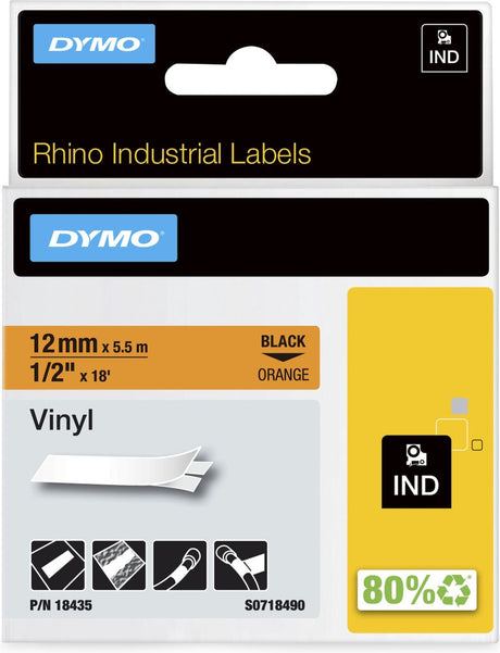 Przemysłowe etykiety winylowe Dymo Rhino | 12 mm x 5,5 m | czarny nadruk na pomarańczowo | etykiety samoprzylepne do drukarek etykiet Rhino Label Manager