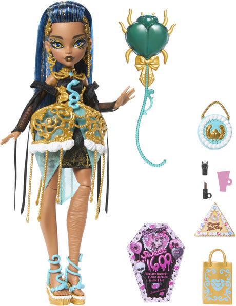 Urodzinowa lalka Mattel Monster High Cleo de Nile z akcesoriami.