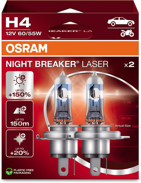 Laser Night Breaker Osram - halogenowe lampy samochodowe h4 - do 150% więcej światła i widoczność do 150 m - 64193nl-2hb - niemiecka jakość - zestaw 2 lamp