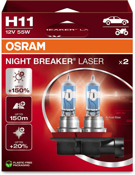 Laser Night Breaker Osram - halogenowe lampy samochodowe h11 - do 150% więcej światła i widoczność do 150 m - 64211nl-2hb - niemiecka jakość - zestaw 2 lamp