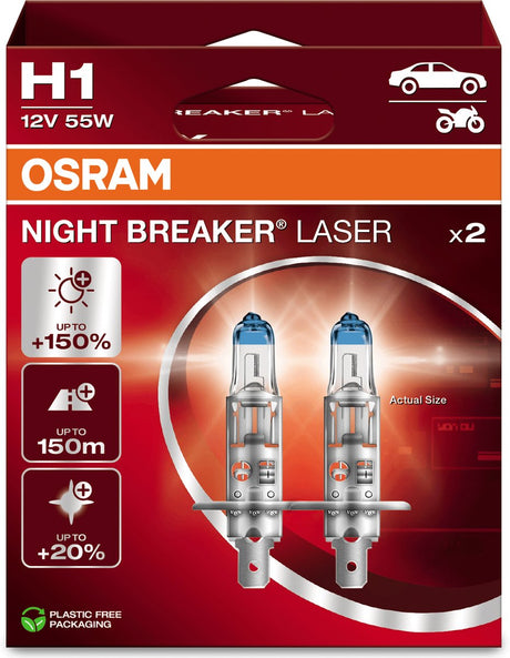 Laser Night Breaker Osram - halogenowe lampy samochodowe h1 - do 150% więcej światła i widoczność do 150 m - 64150nl-2hb - zestaw 2 lamp