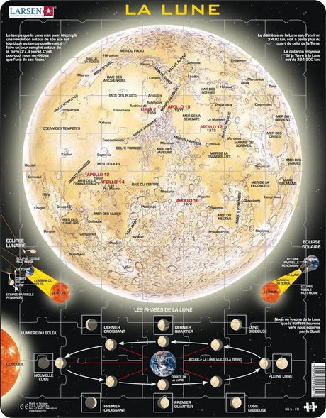Larsen la lune – puzzle – espace – lune et astronomy – puzzle éducatif pour enfants – 70 elementów – fabriqué en norvège – kawałki dodatkowe épaisses de 2,5 mm – plateau ze stałą płytką
