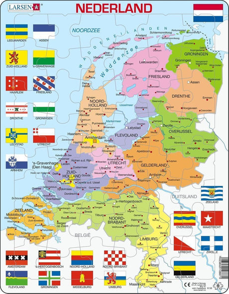 Larsen Holandia z prowincjami i flagami – puzzle – mapy geograficzne – Holandia – puzzle edukacyjne dla dzieci – 48 elementów – wyprodukowane w Norwegii – bardzo grube elementy 2,5 mm – tacka ze stałą krawędzią